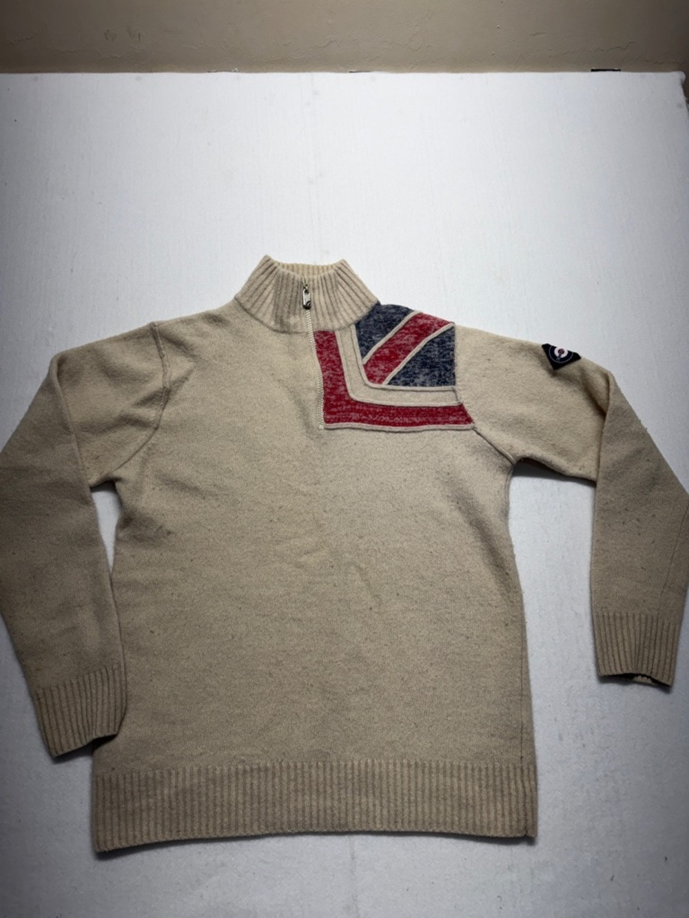 Lambretta Men's Cream Half-Zip Sweater with Red & Navy Accent Lambswool